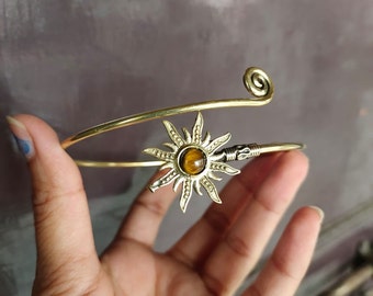 Gold Sunburst Arm Cuff, Tigers Eye Boho Upper Arm Bracelet, Goddess Bracelet, Spiral Arm Cuff, Gemstones Armlet, Sun Bohemian Jewelry Gift