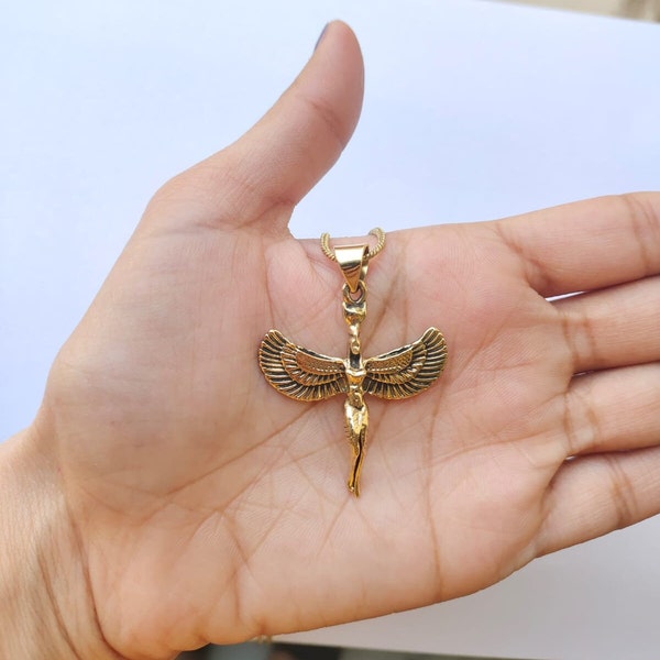 Winged Goddess Isis Necklace Pendant, Ancient Egyptian Isis Charm, Egyptian Pendant, Jewelry, Isis Necklace, Gold Angel Pendent