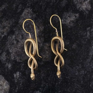 Gold Snake Drop Earrings, Gold Brass Snake Earrings, Snake Earrings, Snake Dangle Earrings, Statement Snake Earrings, Halloween Gifts