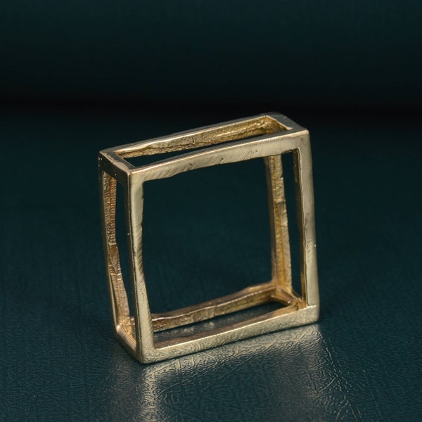 Fine Golden Square Ring, Geometric Gold Stack Ring, Simple Modern Everyday Ring, Handmade brass jewelry, Gift for her