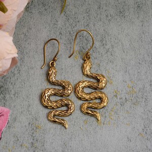 Serpent Hoop, Serpent Earrings, Snake Hoops, Dangle Earrings, Gold Earrings, Brass Earrings, Minimal Earrings, Dainty Earrings