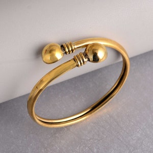 Double Ball Bracelet, Ball End Bangle, Gold Brass Open Cuff Bangle, Classic Gold Bangle, Adjustable Cuff Bracelet