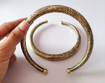 Indian Feet Bracelet Pair, Golden Color Brass Feet Bracelet,Handmade Traditional Ankle Bracelet With Bangle, Hansli Rajasthani Anklet Kada