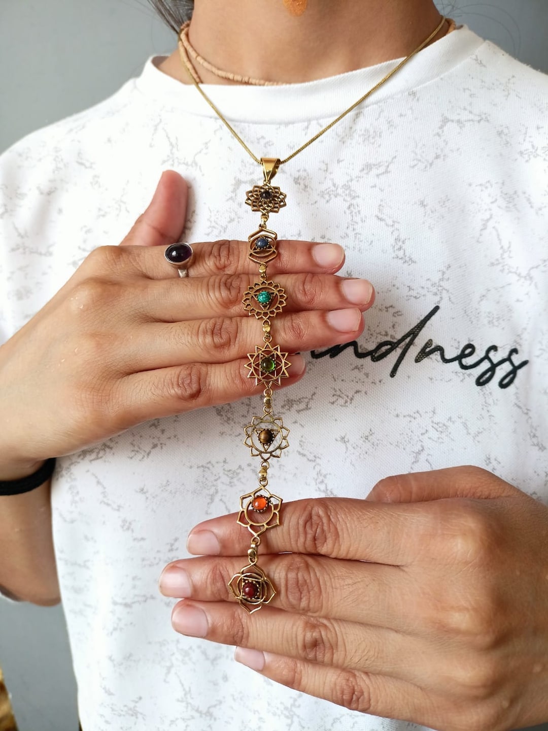 Seven Chakras Necklace, 7 Chakras Pendant, Brass Pendant, Brass Ethnic ...