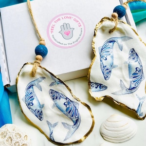 OYSTER SHELL Decoration:  Blue & White Fish Coastal Decor, Essential Oil Diffuser Ornament