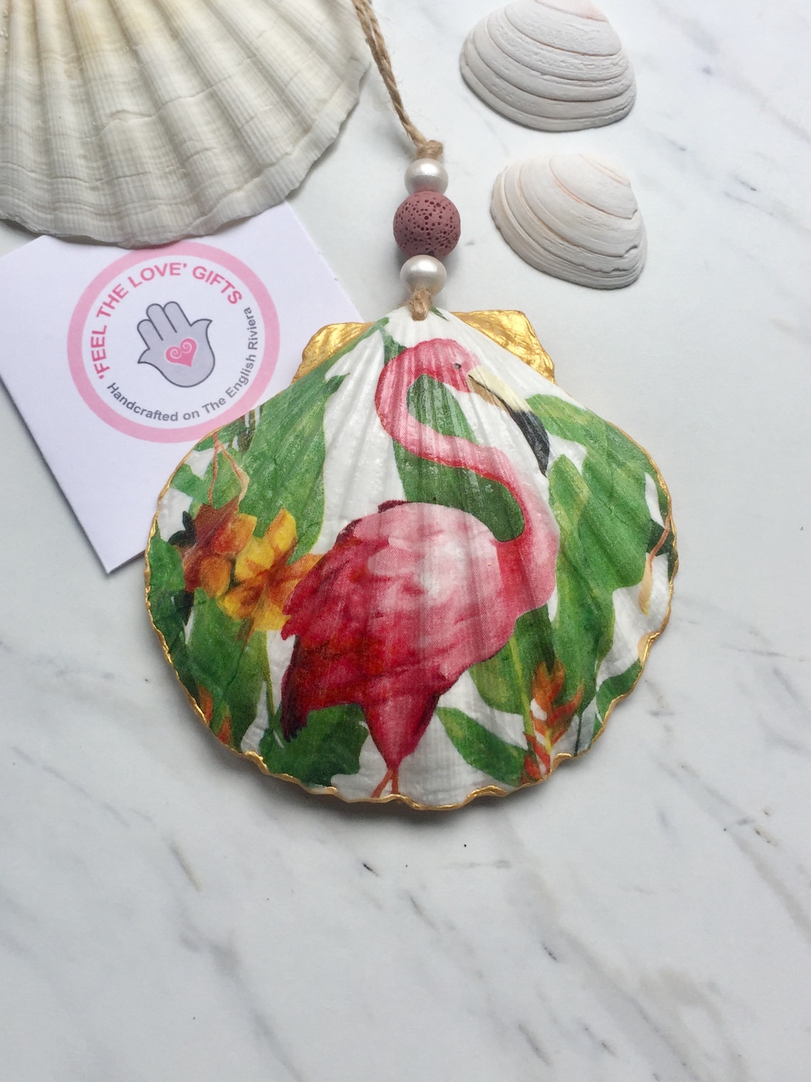 Pink Flamingo on Scallop Shell hanging decoration | Etsy