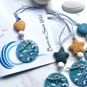 WILD SWIMMER Car Air Freshener ~ Natural Essential Oil Diffuser ~ 2 in 1 Gift Card ~ Lava Stones ~ Cold Water Swimming Charm ~ Beach Lover