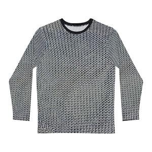 Puede incluir: Una camisa de manga larga con un patrón de cota de malla en blanco y negro.