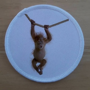May include: A white round patch featuring a brown orangutan hanging from a rope. The orangutan is looking at the camera with its mouth open.