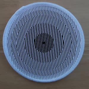 May include: A white circular patch with a black and white striped pattern. The pattern is a series of concentric circles with a small black circle in the center.