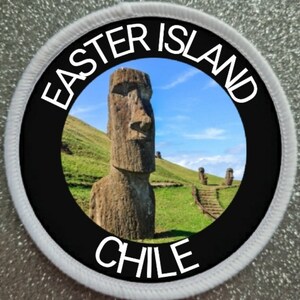 May include: A round patch with a white border, black background, and a photo of the Moai statues on Easter Island, Chile. The text "Easter Island" is written in white around the photo and "Chile" is written in white at the bottom.