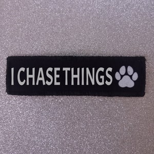 May include: A black rectangular patch with the text "I CHASE THINGS" in white, accompanied by a white paw print. The patch is likely for pet owners or dog lovers.