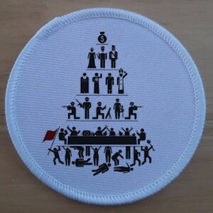 May include: A white round patch with a black and white pyramid-shaped graphic depicting a social hierarchy. The graphic shows a person at the top with a money bag, followed by a couple, then a group of people in different roles, and finally a group of people at the bottom. A red flag is at the bottom left of the graphic.
