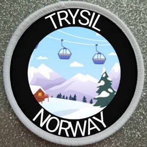 May include: Circular patch with a black border and white stitching. The patch features a winter scene with a cabin, pine trees, and ski lifts, with the text "TRYsil NORWAY" in white.