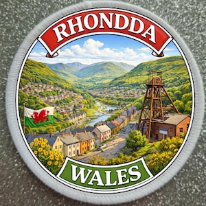 Puede incluir: Un parche redondo con una vista panorámica de Rhondda, Gales, con un río, casas y montañas. El parche incluye el texto "RHONDDA" en una pancarta roja y "WALES" en una pancarta verde. También se ve una bandera galesa.