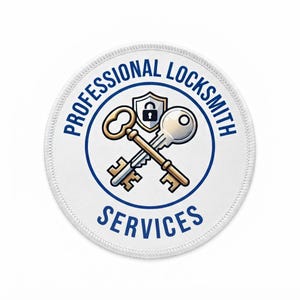 May include: A circular white patch with a blue border and the text PROFESSIONAL LOCKSMITH SERVICES in blue. The center features a graphic of two crossed keys, one gold and one silver, positioned in front of a shield icon containing a black padlock.