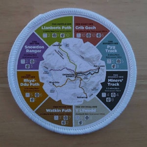 May include: A circular patch with a white background and a map of Snowdonia National Park in Wales. The patch is divided into eight sections, each with a different colored background and a name for a different hiking trail. The trails are: Llanberis Path, Crib Goch, Snowdon Ranger, Rhyd-Ddu Path, Pyg Track, Miners' Track, Watkin Path, and Y Lliwedd. Each section also includes the distance of the trail in miles and kilometers, as well as the total ascent in meters.