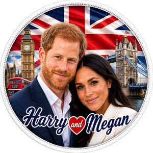 May include: A circular patch featuring a portrait of a man with red hair and a woman with dark hair. The background displays the British flag, Big Ben, Tower Bridge, and a red double-decker bus. The text Harry and Megan is written in blue.