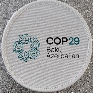 May include: White round patch with a green stylized floral design and the text "COP29 Baku Azerbaijan".