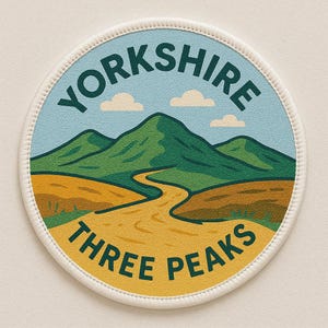 Op de afbeelding: Ronde patch met een crèmekleurige rand, met een landschap. Het heeft een blauwe lucht met wolken, groene bergen en een gele weg. De tekst "YORKSHIRE THREE PEAKS" staat in een vetgedrukte, gebogen letter.