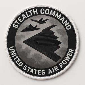 Könnte beinhalten: Runder Aufnäher mit der Aufschrift "STEALTH COMMAND UNITED STATES AIR POWER". Das zentrale Design zeigt drei schwarze Flugzeuge vor einem grauen, wolkigen Hintergrund. Der Aufnäher hat einen schwarzen Rand und weiße Nähte.
