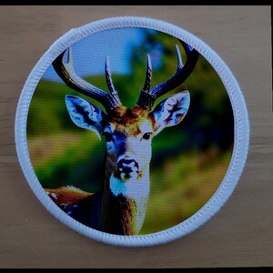 May include: A white circular patch with a white border and a colourful image of a deer with antlers in a green field.