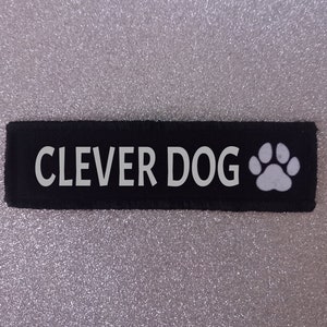 May include: Black fabric dog tag with white text that reads "CLEVER DOG" and a white paw print.