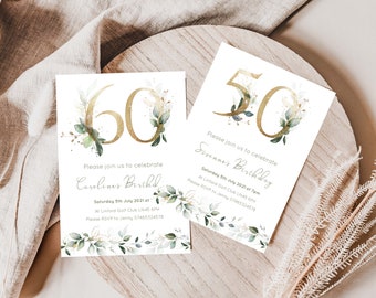 Könnte beinhalten: Zwei Geburtstagseinladungen mit goldenen Zahlen 60 und 50, verziert mit Aquarellgrün. Die Einladungen lauten "Bitte feiern Sie mit uns" und enthalten Veranstaltungsdetails. Das Design ist elegant und für runde Geburtstage geeignet.