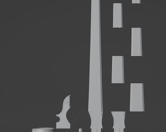 May include: A set of 3D printed parts for a sword, including the blade, hilt, and pommel. The parts are made of white plastic and are ready to be assembled.