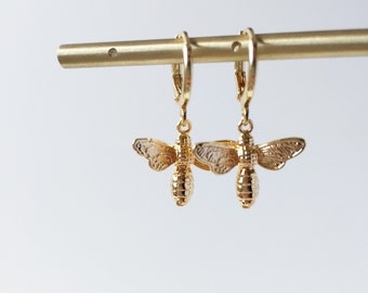 Dainty 18K Gold Bee Earring Hoops Gold Hoop Sleepers Bee Sleepers Bee Huggie Hoop Earrings