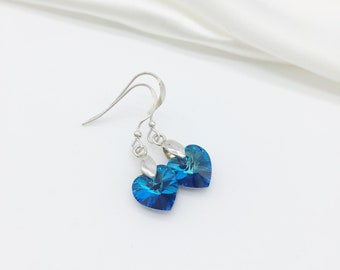 Indicolite Heart Swarovski Crystal Earrings, Sterling Silver Heart Earrings