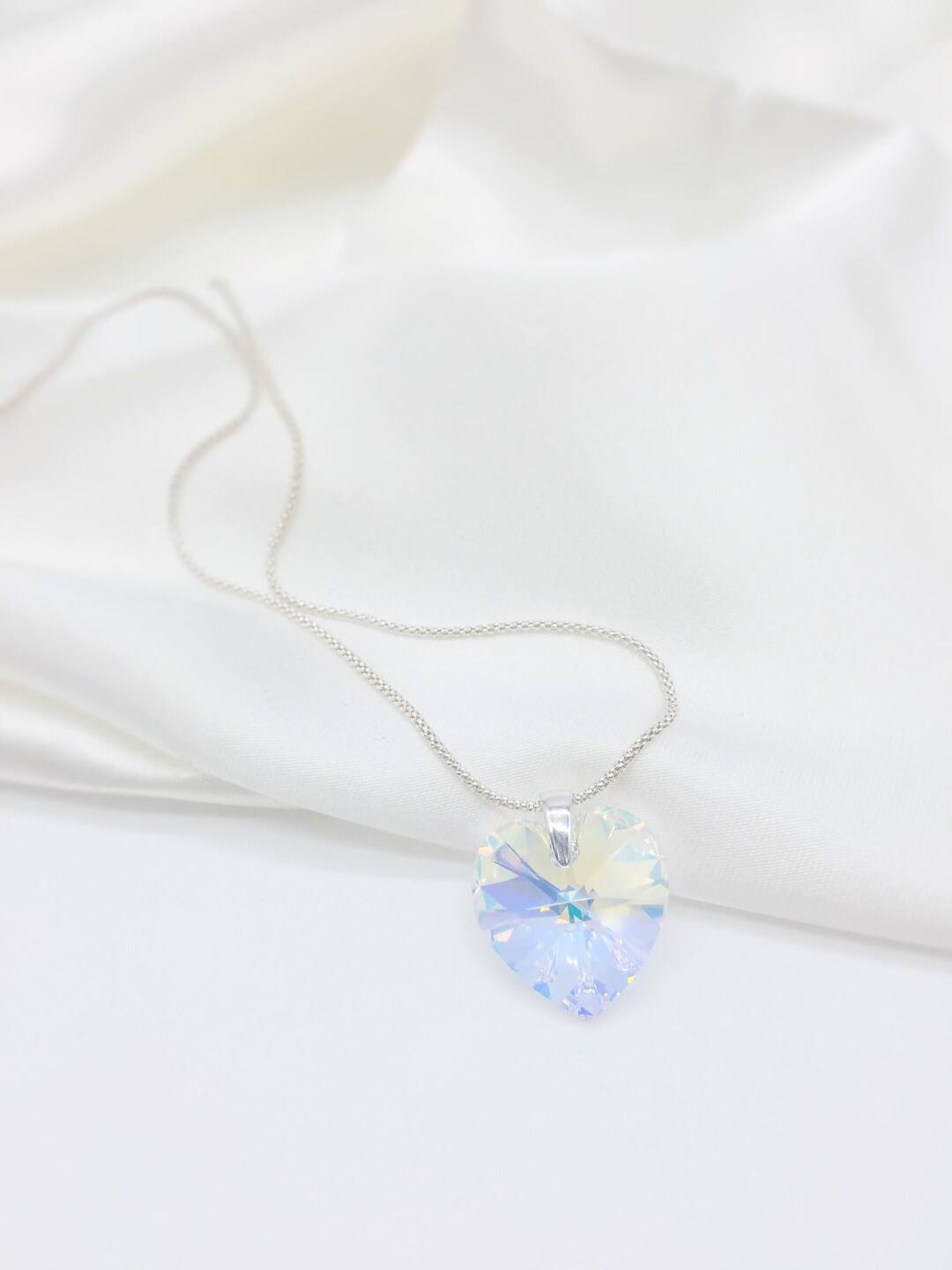 Aurora Borealis Crystal Heart Necklace Sterling Silver Etsy UK