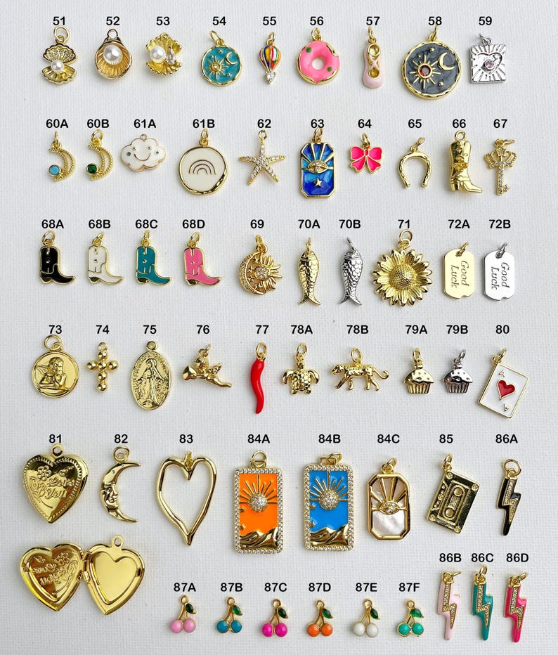 May include: Assortment of 87 gold-tone charms with various designs, including a seashell, a rainbow, a horseshoe, a cupcake, a red chili pepper, a cherry, a lightning bolt, a heart, a star, a fish, a cross, a sunflower, a key, a boot, a cassette tape, a locket, a moon, a turtle, a sun, a donut, a hot air balloon, a cowboy boot, a crown, a ladybug, and a  'Good Luck' tag.