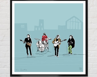 May include: A black and white line drawing of The Beatles performing on a rooftop. The band members are wearing 1960s clothing and are playing instruments. The drawing is set against a blue background with a cityscape in the background.