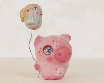 Pig With Balloon Miniature Figurine, Polymer Clay Pig, Pig Lovers Gift, Pig Figurine, Unique Gift, Miniature Collection, Pig Collectable