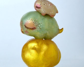 Magnetic Mom and Baby Alien Figurines, Polymer Clay Fantasy Sculpture