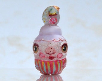Fantasy Clay Figure of Sweet Girl with a Bird on the Head, Collectible Figurine, Polymer Clay Art, Miniature Art Decor