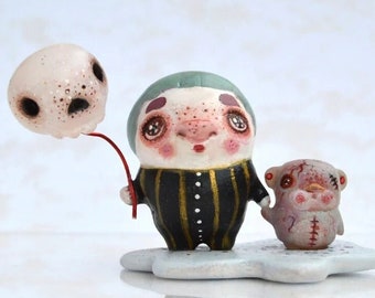 Whimsical Zombie Girl Figurine with Teddy Bear and Skull Balloon. Fantasy Polymer Clay Creature Perfect for Unique Gift