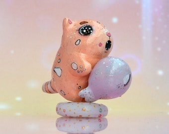 Handmade Polymer Clay Cat Figurine, Orange Cat with Fish