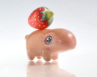 Handmade Polymer Clay Hippopotamus Figurine with Strawberry