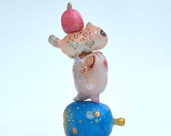 Polymer Clay Bulldog Figurine with Cat: Handmade Miniature Art
