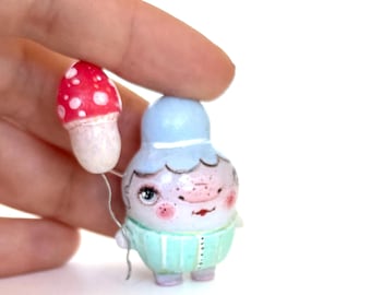 Handmade Polymer Clay Girl Figurine with Mushroom Balloon