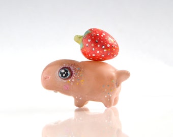 Handmade Polymer Clay Hippopotamus Figurine with Strawberry