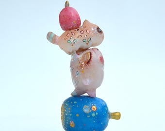 Handmade Polymer Clay Bulldog Figurine with Cat