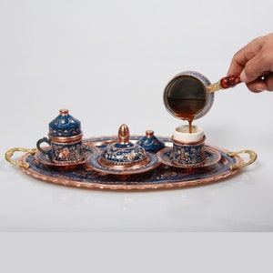 Authentic Turkish Coffee Set, Copper Cups, 2-Person Turkish Copper Coffee Set, Unique Home Decor and Gift, Coffee Serving Tray, Coffee Cups