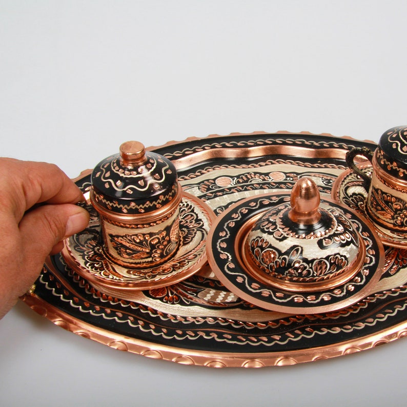 Exquisite Turkish Coffee Set, Traditional Copper Cups Adorned with Floral Patterns, Accompanied by a Decorative Tray and Sugar Bowl image 5