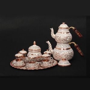 White Copper Tea Set with Stovetop Kettle and Elegant Serving Tray, Turkish Copper, Set, Copper Tea Cups, Teapot, Perfect Tea Set