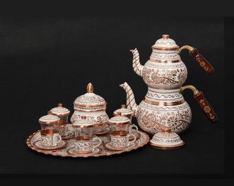 White Copper Tea Set with Stovetop Kettle and Elegant Serving Tray, Turkish Copper, Set, Copper Tea Cups, Teapot, Perfect Tea Set