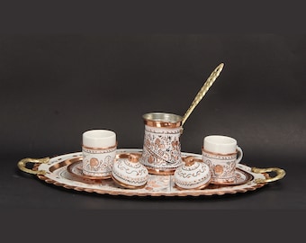White Copper Coffee Cup Set, Traditional Turkish & Arabic Coffee Serving Tray, Ideal Romantic Gift Her, Sugar Bowl Included, 2 Coffee Set