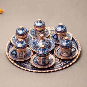 Turkish 6 Person Copper Coffee Set, Blue Coffee Set, Copper Cup Set, Serving Tray, Traditional Coffee Set